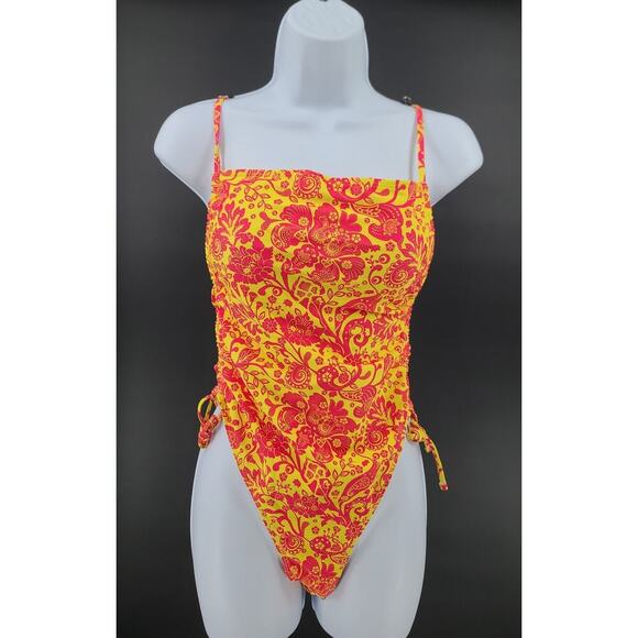 Pink & butter Yellow paisley boho one piece swimsuit Size Med Beachy Resort Wear - Picture 2 of 9
